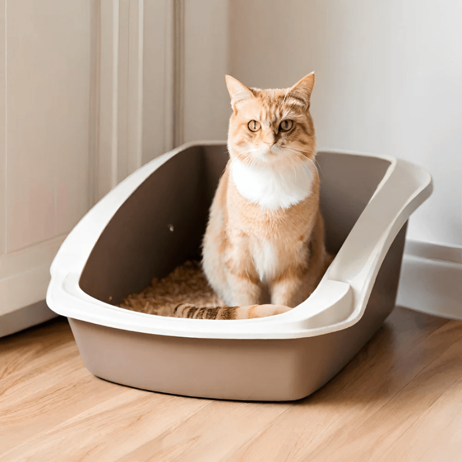 Gatito naranja y blanco sentado sobre su arenero para hacer sus necesidades