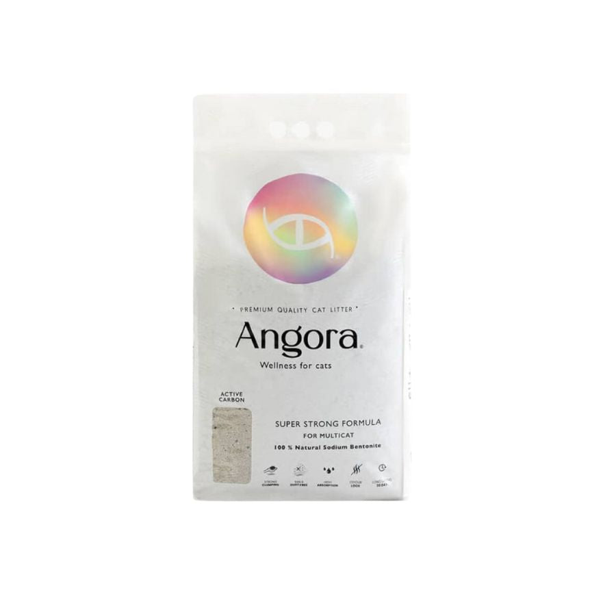 Arena para Gatos Angora 12 kg: Higiene premium con bentonita sódica y carbón activado. 🐱 Control superior de olores y 99,5% libre de polvo. Ideal para múltiples gatos.