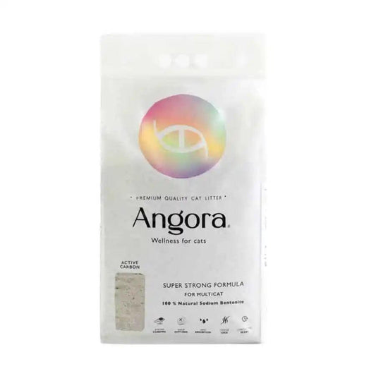 Arena para Gatos Angora 12 kg: Higiene premium con bentonita sódica y carbón activado. 🐱 Control superior de olores y 99,5% libre de polvo. Ideal para múltiples gatos.