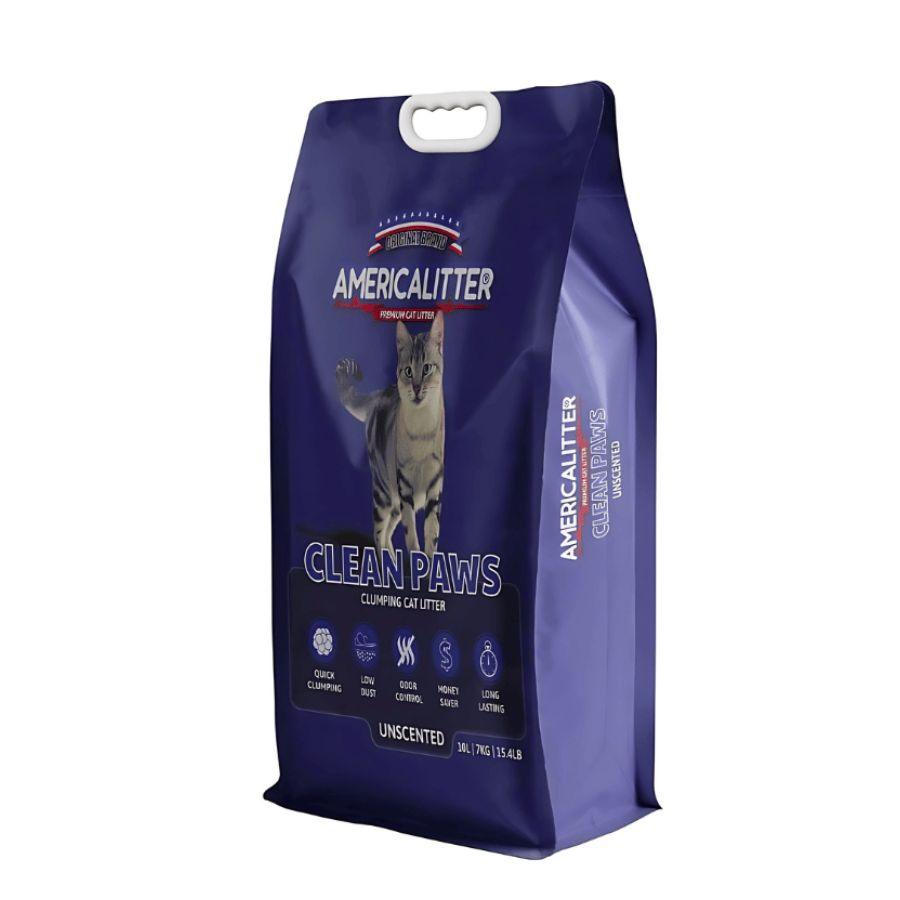 Arena America Litter Clean Paws 15 kg, ultra aglutinante y 99.9% libre de polvo, ideal para mantener un entorno fresco y limpio para tu gato.