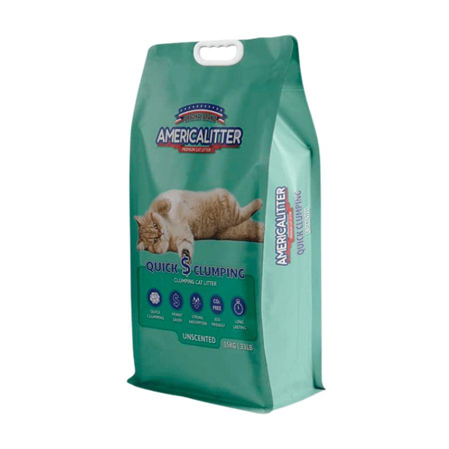 America Litter Quick Clumping 15Kg, arena para gatos con aglutinación rápida y sin aroma, ideal para una limpieza fácil y duradera.