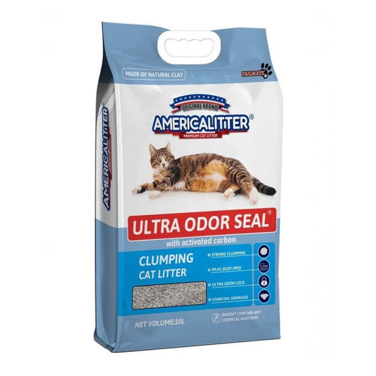 Arena America Litter Ultra Odor Seal 15 kg, ultra aglutinante y con carbón activado para sellar los olores, ideal para mantener el arenero limpio y fresco.