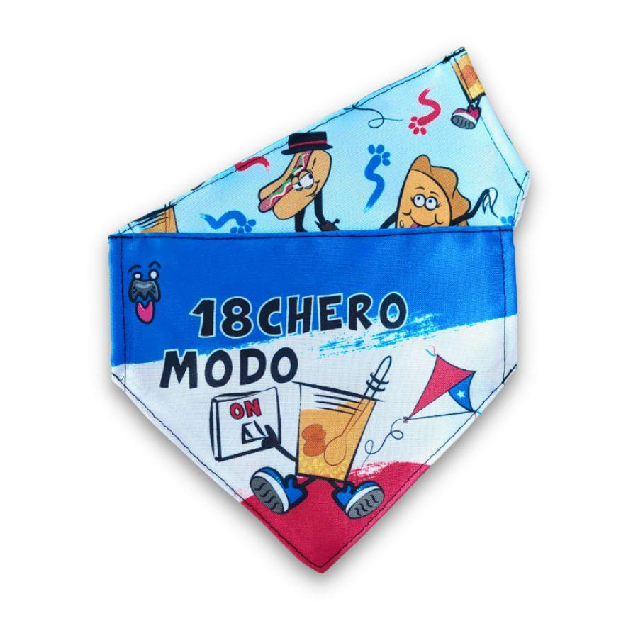 Bandana 18chero para Mascotas 🎉, con "18chero Modo On", fácil de colocar en el collar, ideal para celebrar las Fiestas Patrias con estilo.