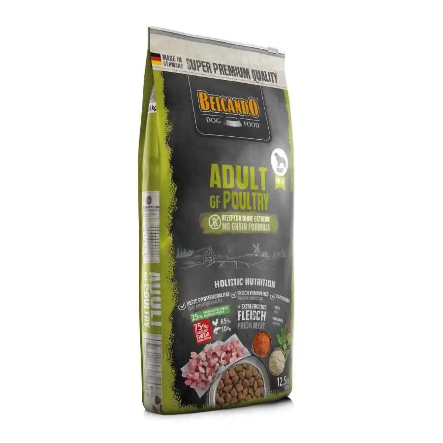 Dale a tu perro BELCANDO Adult Grain Free Poultry 12.5kg 🐔🌱, una comida libre de cereales con amaranto energizante y kril nutritivo, perfecta para mantener la salud y la vitalidad de tu perro adulto con actividad normal.