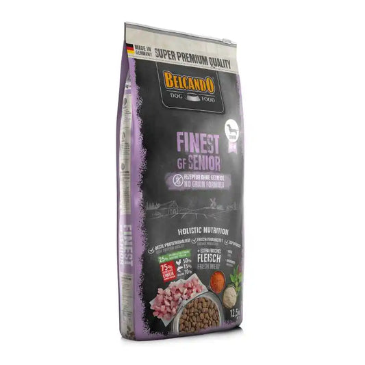 Confía en BELCANDO Finest Grain Free Senior 12.5kg 🐕🌟, ideal para perros mayores con sensibilidad a los cereales, enriquecido con carne fresca de ave y kril para soportar la salud en la etapa senior de tu fiel amigo