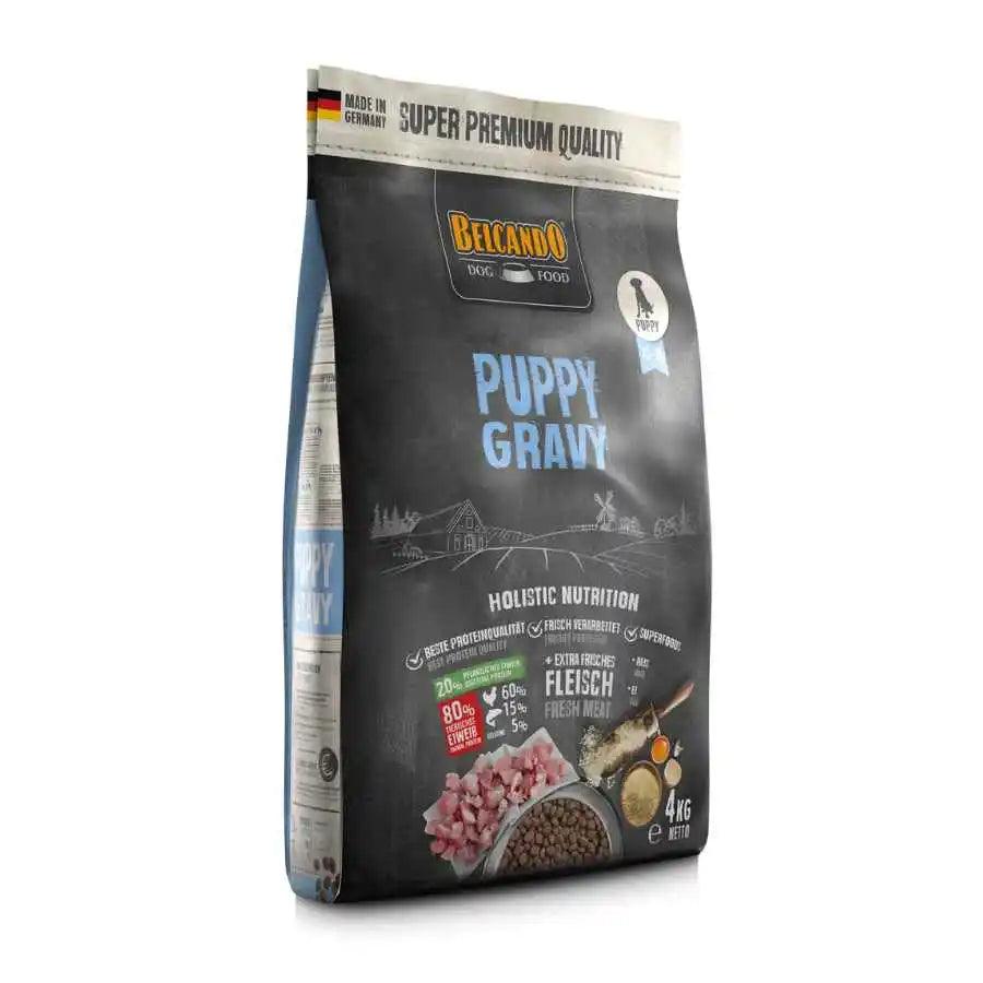 Descubre BELCANDO Puppy Gravy 4kg 🐾✨, alimentación óptima para cachorros. Con carne de ave fresca, arroz y huevos, para un crecimiento saludable y huesos fuertes.