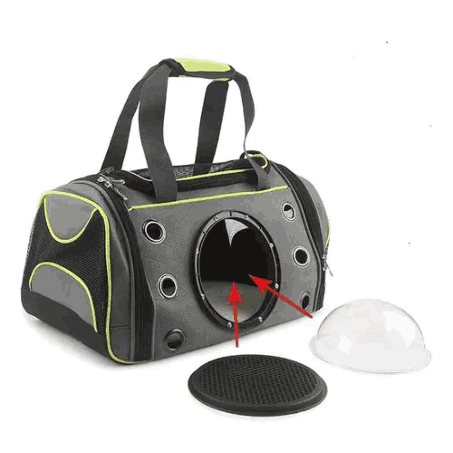 Bolso Transporte con Cúpula: Práctico y seguro para tu mascota. 🐾 Con ventilación de malla y cúpula visual. Asas y bandolera extraíble.