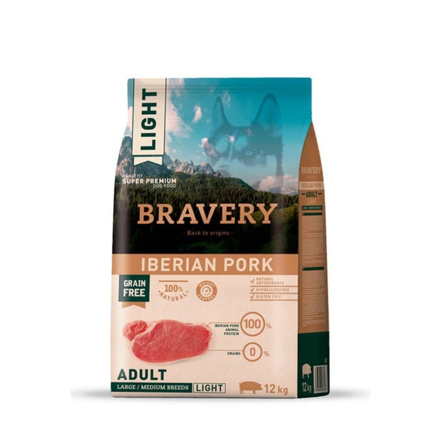 Bravery Light Adulto Cerdo Ibérico, alimento libre de granos, monoproteico, ideal para perros medianos y grandes. Rico en proteínas y antioxidantes 🐶.