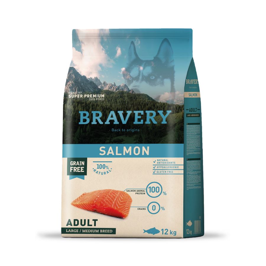 Bravery Salmon Adulto - 12Kg 🐾, alimento hipoalergénico y monoproteico sin granos ni gluten, ideal para perros sensibles. Rica en Omega 3 y nutrientes esenciales.