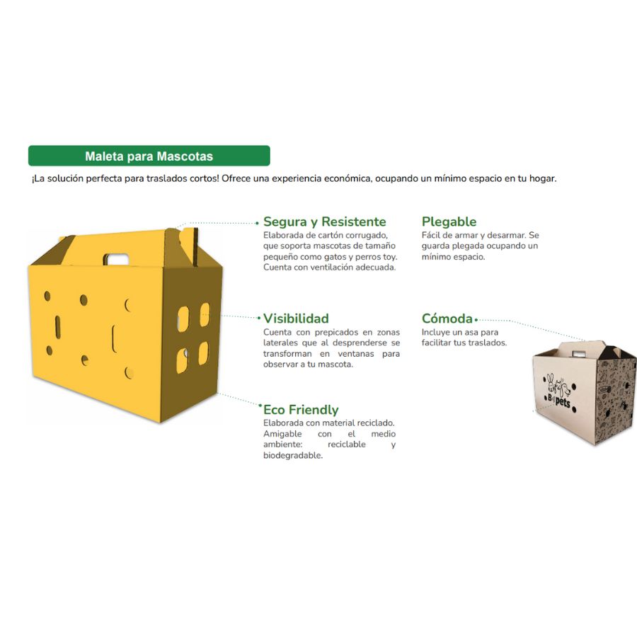 Caja Transportadora para Mascotas Ecofriendly 🐾, segura y ecológica, hecha de cartón reciclado. Diseño plegable con ventilación y asa para fácil transporte.