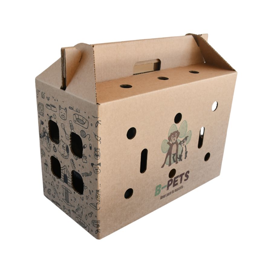 Caja Transportadora para Mascotas Ecofriendly 🐾, segura y ecológica, hecha de cartón reciclado. Diseño plegable con ventilación y asa para fácil transporte.