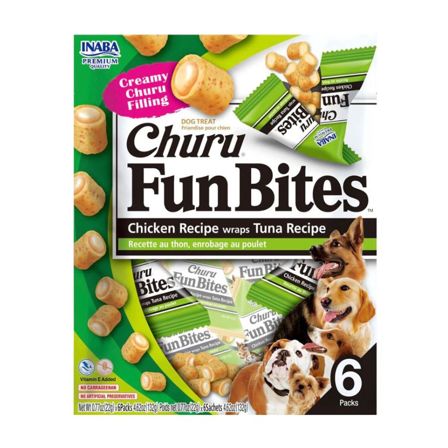 Churu Fun Bites Pollo con Atún para Perro, bocaditos horneados con doble textura y relleno cremoso. Sin granos, colorantes ni conservantes. 🐶✨