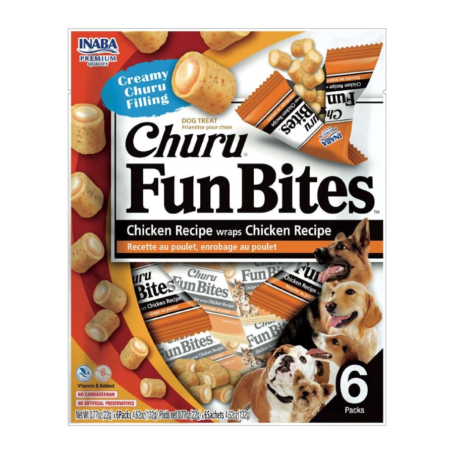 Churu Fun Bites Pollo para Perro, bocaditos horneados con doble textura y relleno cremoso. Sin granos, colorantes ni conservantes artificiales. 🐶✨