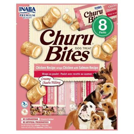 Churu Bites Pollo y Salmón para Perros: Bocados semi-húmedos con pollo y relleno de salmón, perfectos para entrenamiento. Bajo en calorías, sin cereales ni conservantes. 🐶🍗🐟