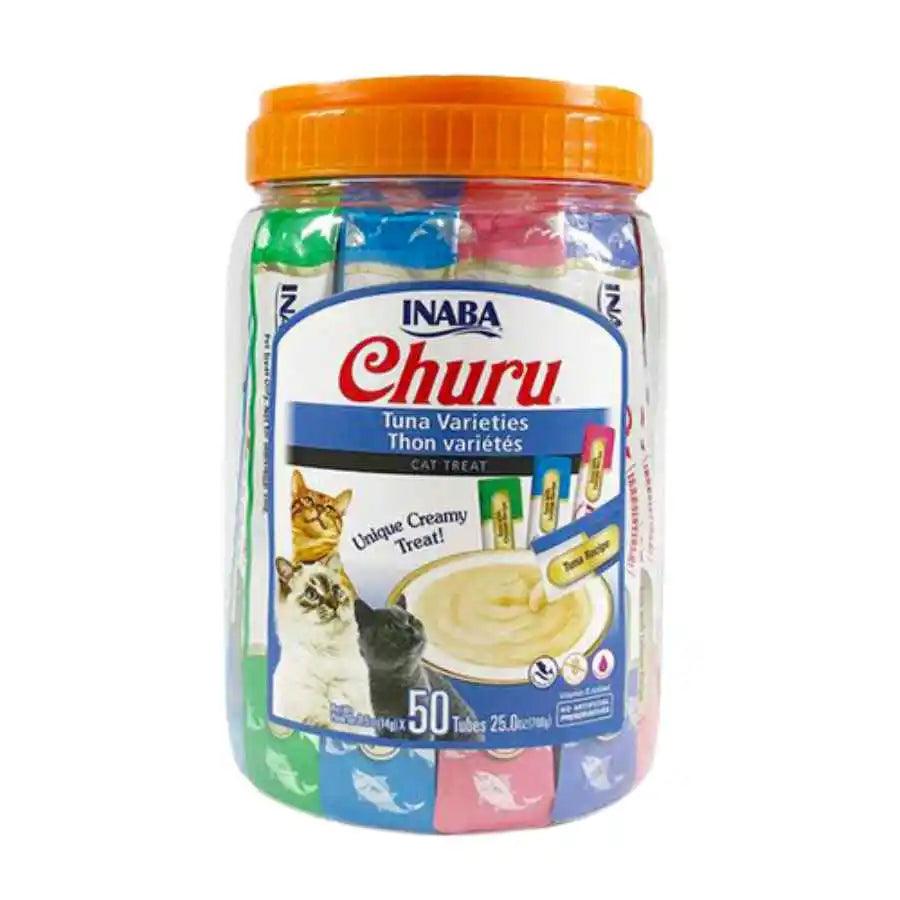 Churu Variedades de Atún (50 tubos): Pack de snacks para gatos con atún, pollo, ostión y salmón. Alto en humedad, sin cereales ni preservantes. 🐱🍗🧀🦐🦀🐚