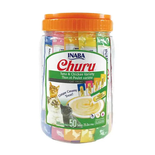 Churu Variedades Atún y Pollo (50 tubos): Paquete surtido de snacks cremosos para gatos, con sabores de atún, pollo, salmón y queso. Alto en humedad, ideal para la salud. 🐱🐟🍗🧀🐠