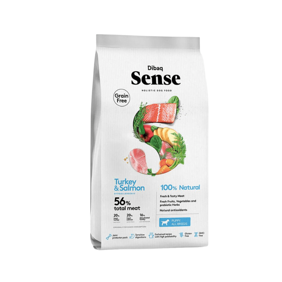 Dibaq Sense Cachorro Pavo & Salmón 12KG: Alimento completo hipoalergénico para cachorros y perritas gestantes. Con un 56% de proteína de origen animal, antioxidantes naturales y protectores articulares para un crecimiento saludable. ¡Cuida de tu cachorrito desde el primer mes! 🐾