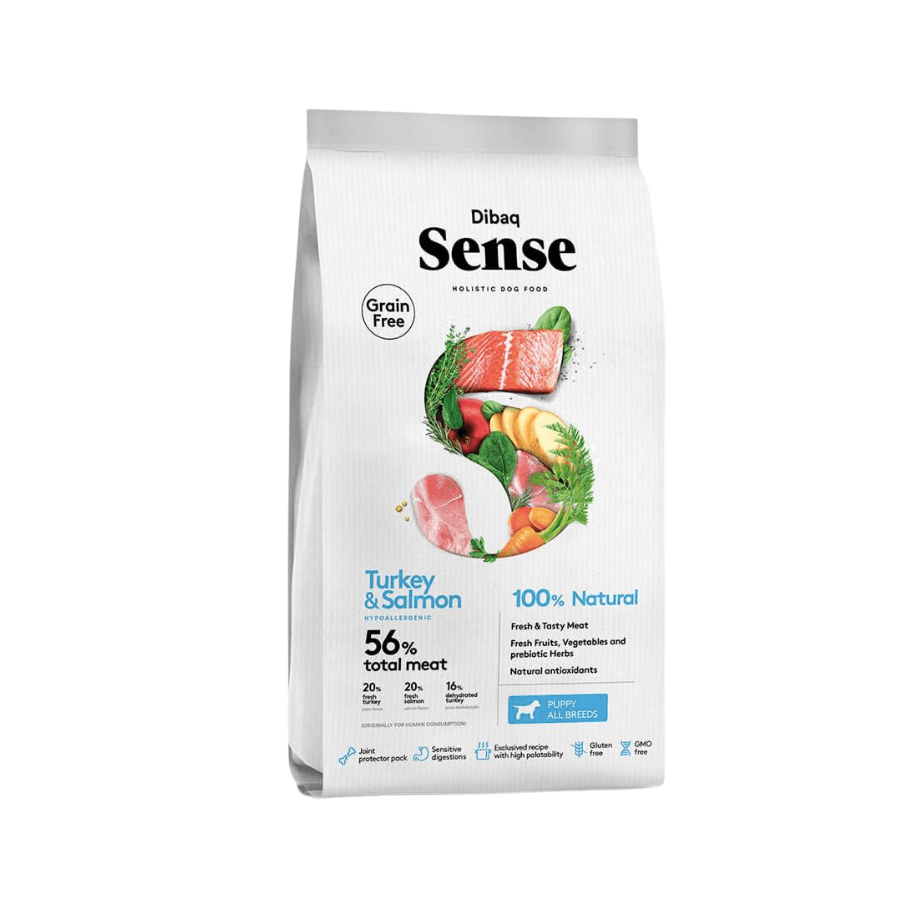 Dibaq Sense Cachorro Pavo & Salmón 2KG: Alimento completo hipoalergénico para cachorros y perritas gestantes. Con un 56% de proteína de origen animal, antioxidantes naturales y protectores articulares para un crecimiento saludable. ¡Cuida de tu cachorrito desde el primer mes! 🐾