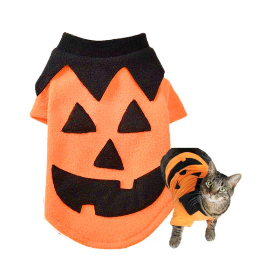 Disfraz de Calabaza para Perros y Gatos 🎃, hecho con forro polar suave y diseño festivo. ¡Perfecto para Halloween y ocasiones especiales!