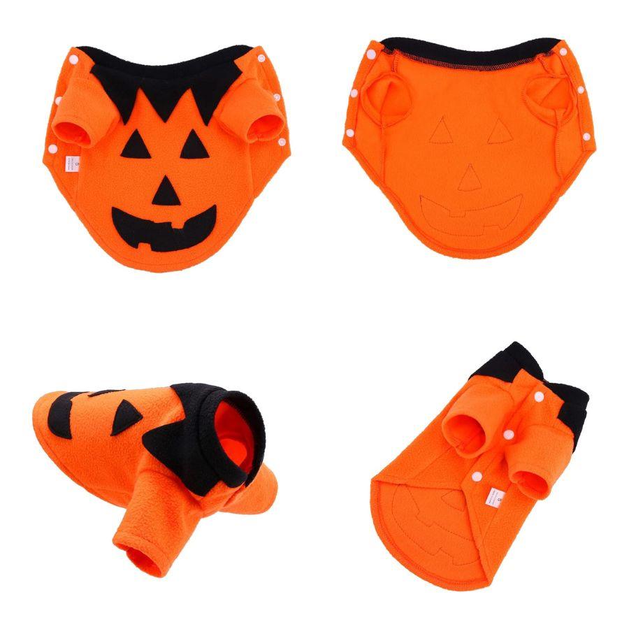 Disfraz de Calabaza para Perros y Gatos 🎃, hecho con forro polar suave y diseño festivo. ¡Perfecto para Halloween y ocasiones especiales!