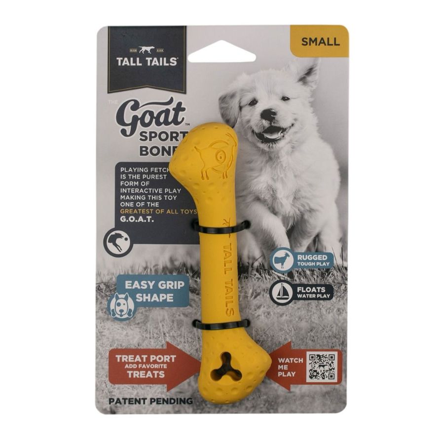 Hueso de Goma Natural GOAT 🦴, juguete duradero para perros activos, con espacio para snacks y colores visibles. Perfecto para buscar y morder.