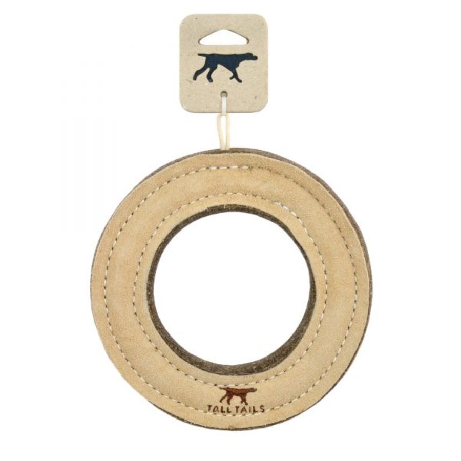 Juguete Anillo de Cuero Natural y Lana 🐾, perfecto para juegos de tirar y buscar en perros medianos y grandes. Natural, seguro y resistente.