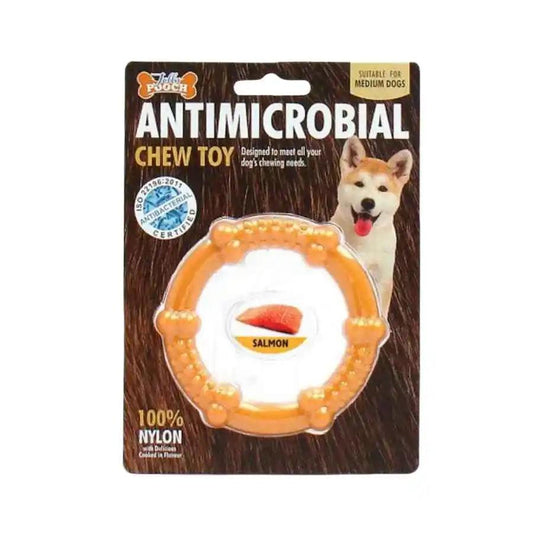 Antimicrobial Nylon Circulo-Salmón: Juguete dental para perros, con sabor delicioso y protección antibacterial. Ideal para masticar y cuidar la higiene bucal de tu perro. 🐶