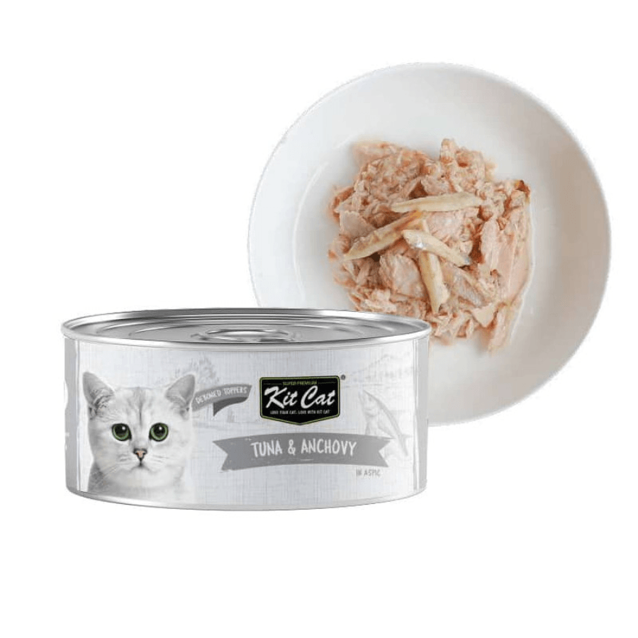 Kit Cat Deboned Atún & Anchoas Toppers: Alimento húmedo gourmet para gatos. 🐱 Enriquecido con omega-3 y 6, apoya la salud renal y cardíaca. Bajo en calorías.