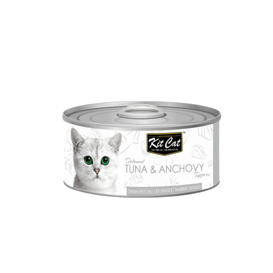 "Kit Cat Deboned Atún & Anchoas Toppers: Alimento húmedo gourmet para gatos. 🐱 Enriquecido con omega-3 y 6, apoya la salud renal y cardíaca. Bajo en calorías.