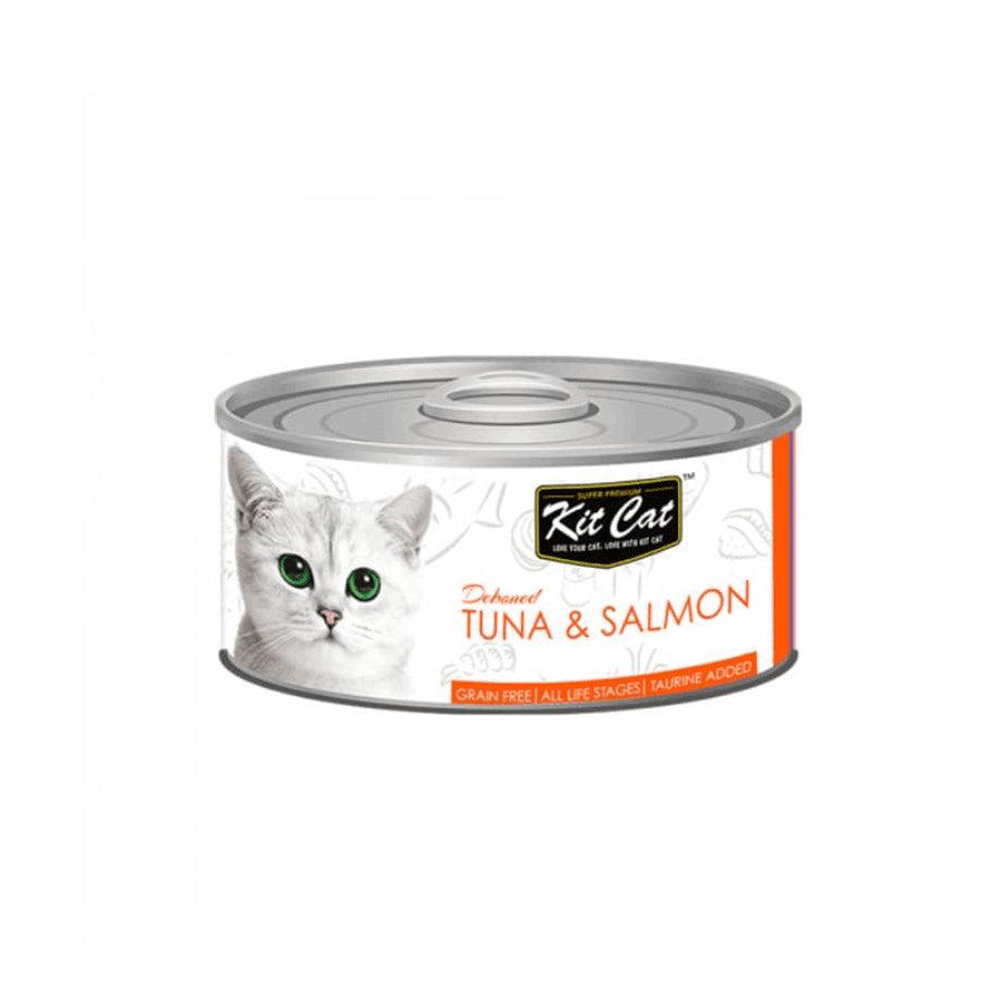 Kit Cat Deboned Atún & Salmón Toppers: Alimento húmedo gourmet para gatos. 🐱 Enriquecido con omega-3 y 6, apoya la salud renal y cardíaca. Bajo en calorías.