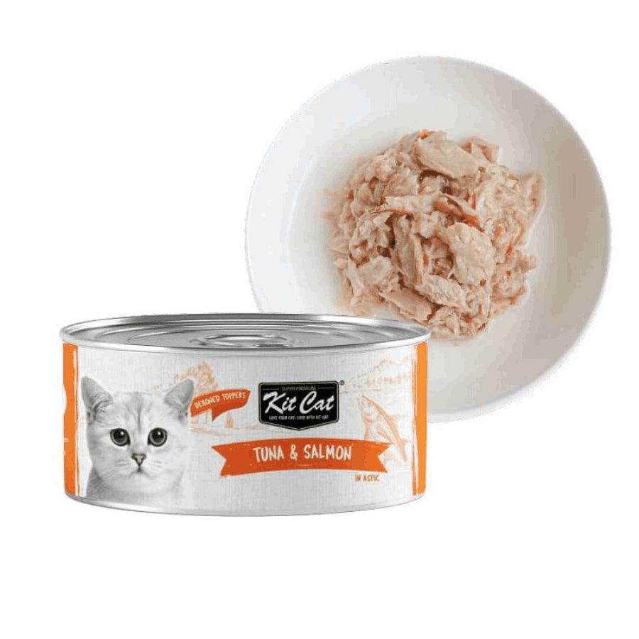 Kit Cat Deboned Atún & Salmón Toppers: Alimento húmedo gourmet para gatos. 🐱 Enriquecido con omega-3 y 6, apoya la salud renal y cardíaca. Bajo en calorías.