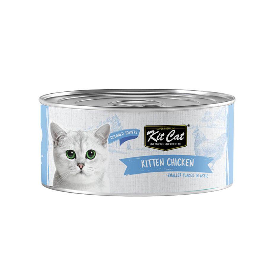 Kit Cat Deboned Kitten Pollo Flakes Toppers, alimento húmedo para gatitos con pollo deshuesado. Enriquecido con vitaminas, omega-3 y omega-6, y prebióticos.