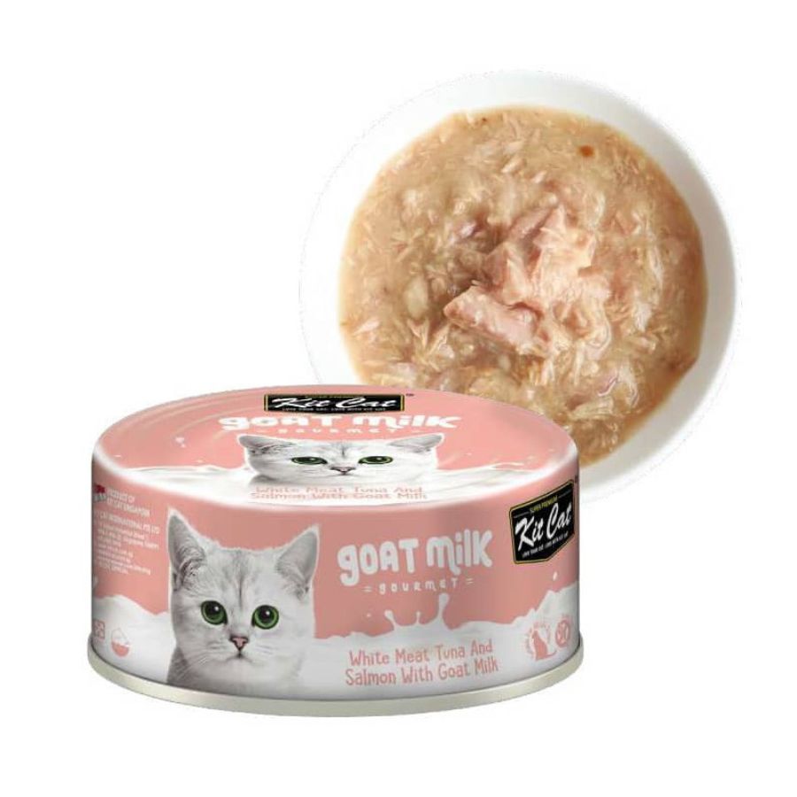 Kit Cat Goat Milk Gourmet Atún & Salmón 🐟 combina proteínas de calidad con leche de cabra, prebióticos y taurina. Ideal para gatos sensibles.