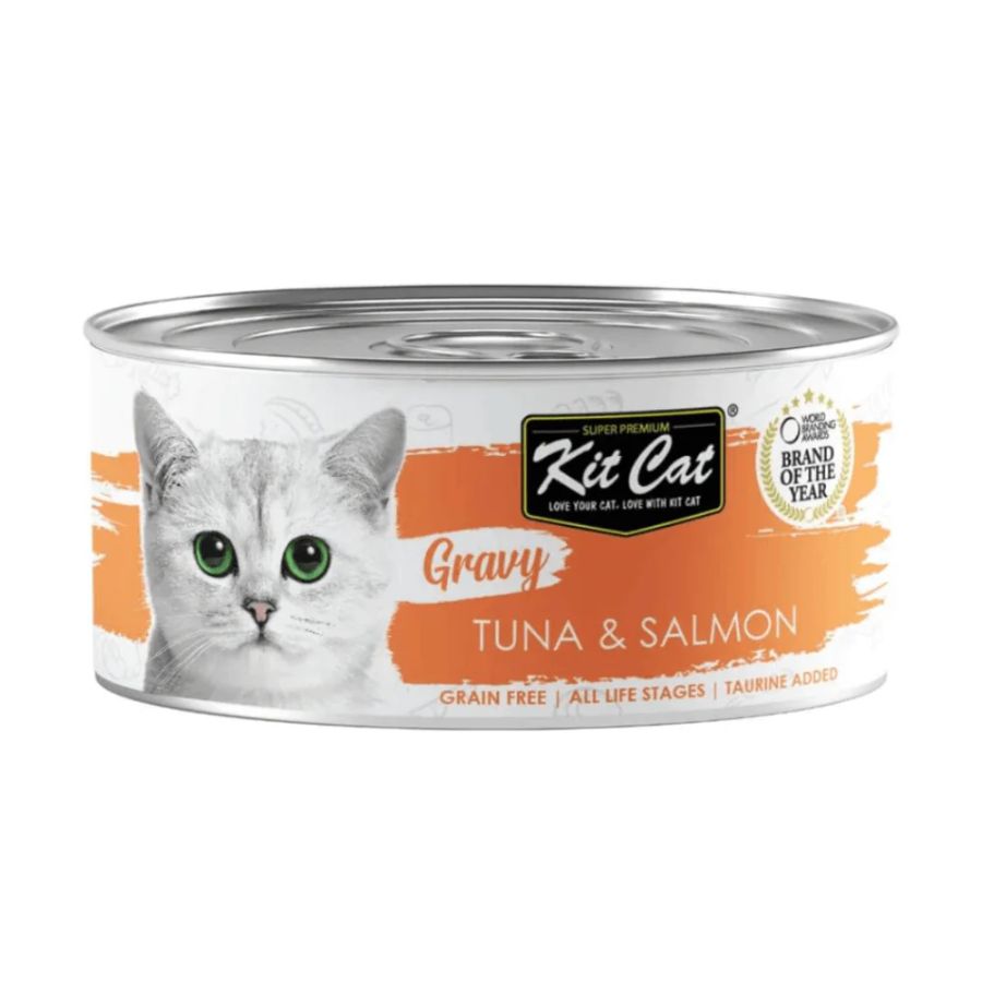 Kit Cat Gravy Series Atún & Salmón 🐟, comida húmeda sin cereales con ingredientes 100% naturales. Rica en Omega 3 y taurina para gatos saludables.