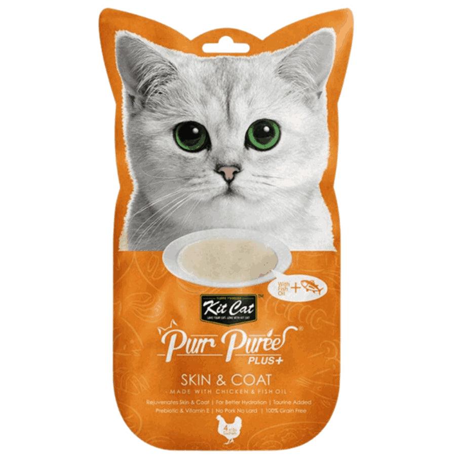 Kit Cat Purr Plus Skin & Coat Pollo: Snack cremoso para salud de piel y pelaje de gatos. 🐱 Con atún y aceite de pescado, rico en Omega 3 y 6. Ideal desde los 2 meses.