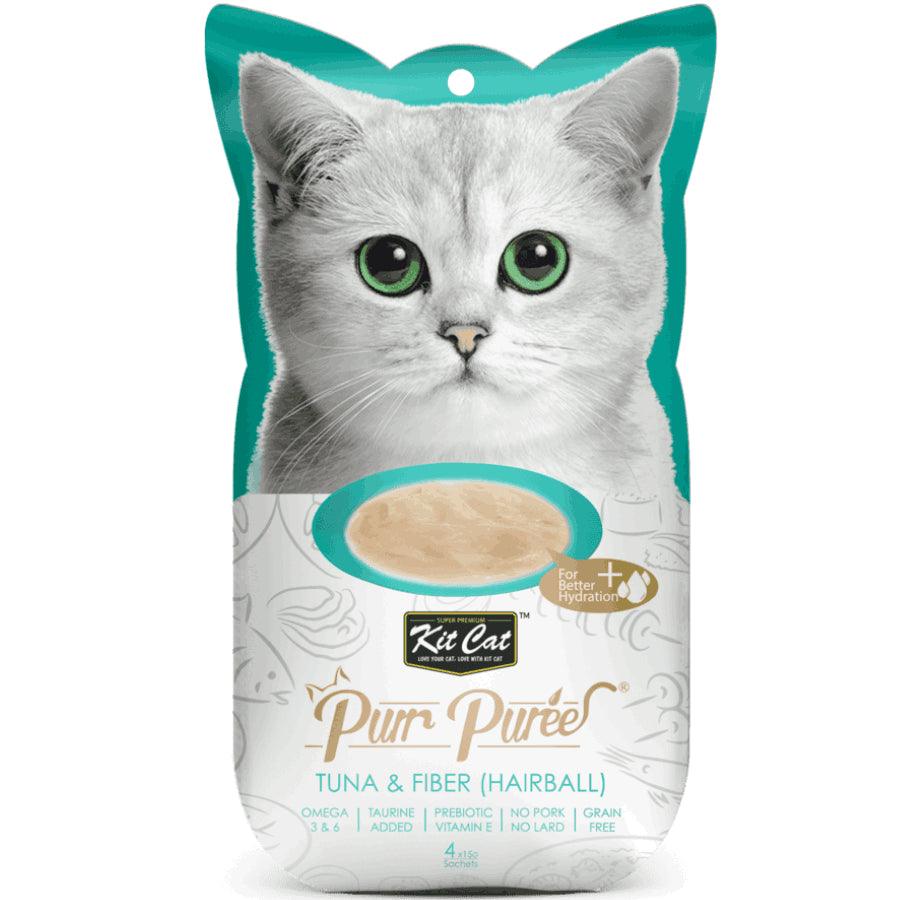 Kit Cat Purr Puree Atún y Fibra: Snack cremoso para control de bolas de pelo en gatos. 🐱 Rico en fibra y Omega 3, natural y sin cereales. Ideal desde los 2 meses.