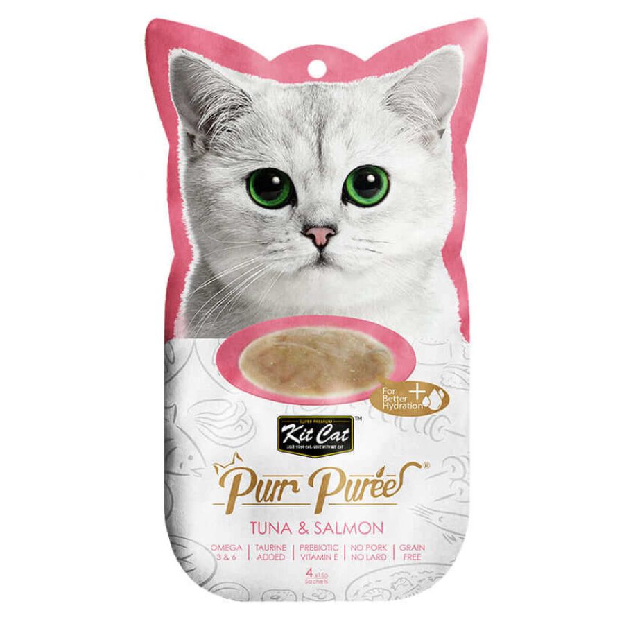 Kit Cat Purr Puree Atún y Salmón 🐟🐱: snack 100% natural y cremoso para gatos. Rico en Omega 3 y 6, bajo en calorías y con Taurina y Vitamina E. Ideal para todas las etapas de vida.