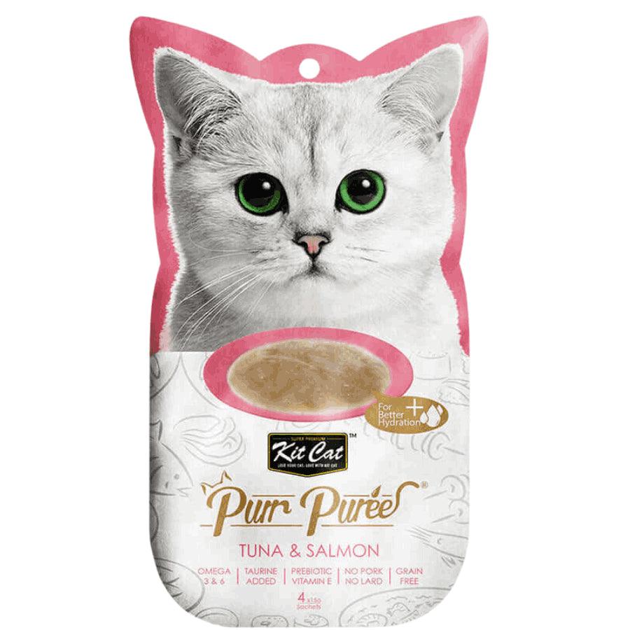 Kit Cat Purr Puree Atún y Salmón 🐟🐱: snack 100% natural y cremoso para gatos. Rico en Omega 3 y 6, bajo en calorías y con Taurina y Vitamina E. Ideal para todas las etapas de vida.