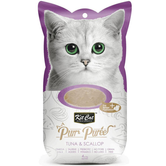 Kit Cat Purr Puree Atún y Ostiones: Snack cremoso para gatos desde 2 meses. 🐱 Ingredientes naturales con Omega 3 y 6. Ideal para todas las etapas de vida.