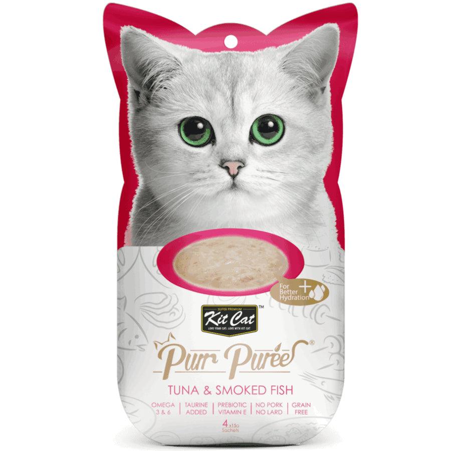 Kit Cat Purr Puree Atún y Pescado Ahumado: Snack cremoso para gatos desde 2 meses. 🐱 Rico en Omega 3 y 6, natural y sin cereales. Sabroso complemento diario.