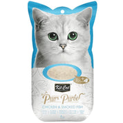 Kit Cat Purr Puree Pollo y Pescado Ahumado: Snack cremoso y nutritivo para gatos. 🐱 Con Omega 3 y 6, perfecto para todas las edades. Natural y bajo en calorías.