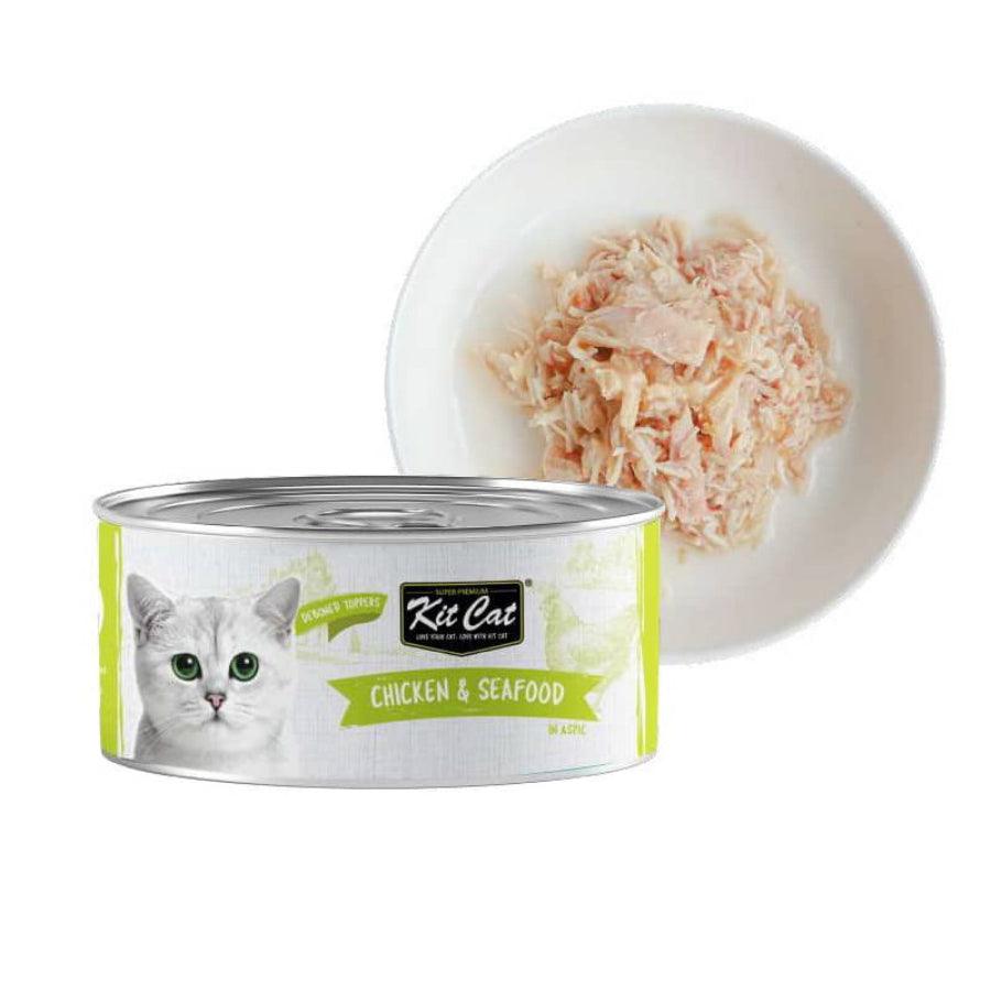 Kit Cat Deboned Pollo & Seafood Toppers: Alimento húmedo gourmet para gatos. 🐱 Enriquecido con omega-3 y 6, apoya la salud renal y cardíaca. Bajo en calorías.