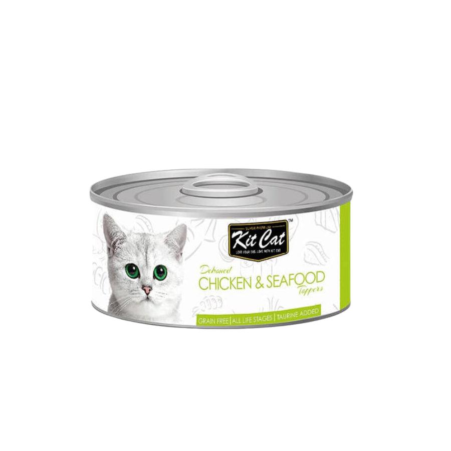 Kit Cat Deboned Pollo & Seafood Toppers: Alimento húmedo gourmet para gatos. 🐱 Enriquecido con omega-3 y 6, apoya la salud renal y cardíaca. Bajo en calorías.