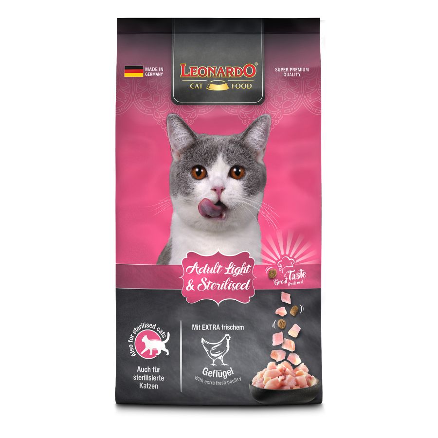 Leonardo Adulto Light & Esterilizado 1.8kg🐱🍃, ideal para gatos con sobrepeso o esterilizados. Bajo en calorías, rico en proteínas, con krill y semillas de chía para salud y forma física.