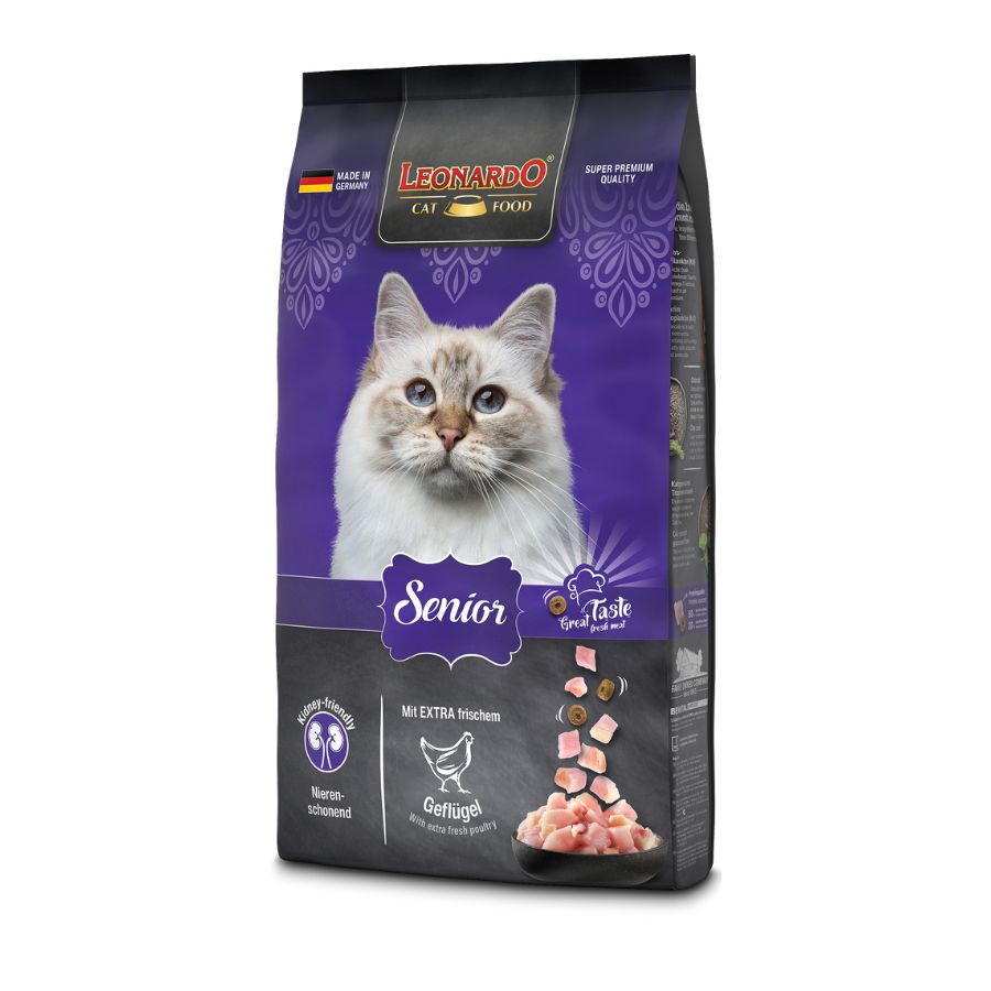 Leonardo Adulto Senior 7.5kg 🐾👴, nutrición especializada para gatos mayores de 10 años. Soporta la salud renal, cardíaca y promueve un pelaje brillante con krill y chía.