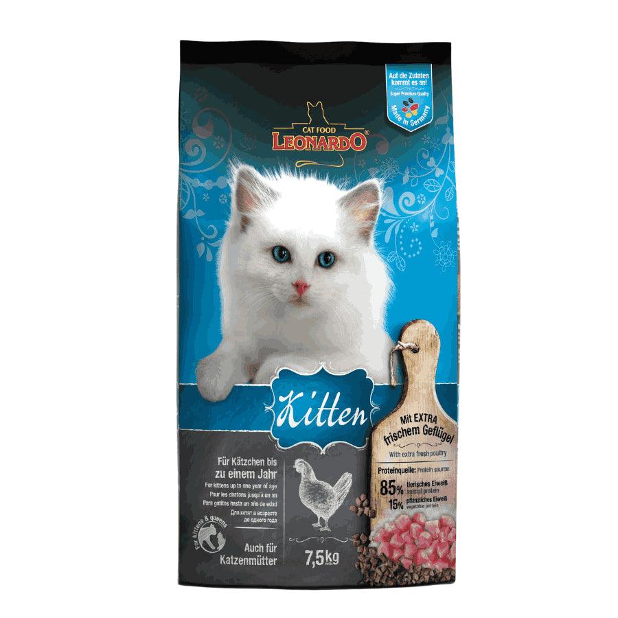 Leonardo Kitten 7.5kg 🐾🍼, alimento completo para gatitos y gatas lactantes. Enriquecido con carne fresca y chía para digestión y defensas fuertes.