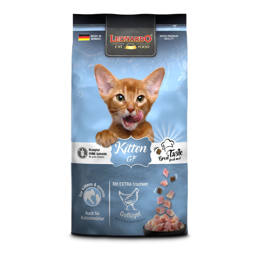 Leonardo Kitten Libre de Granos 7.5kg 🐱🌿, alimento completo sin granos para gatitos y gatas lactantes. Con carne fresca y chía, fortalece la digestión y defensas.