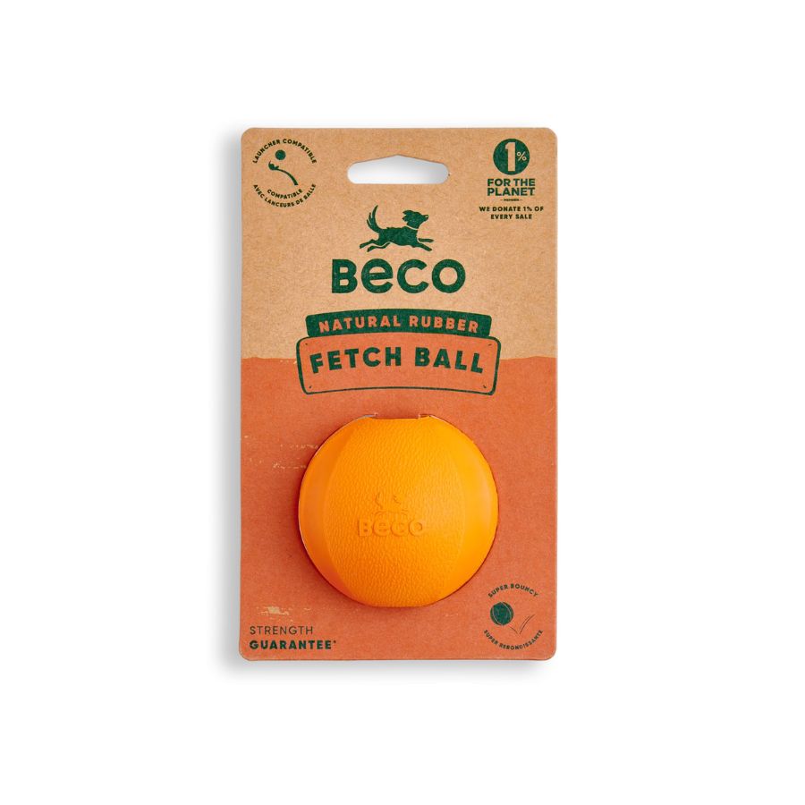 Pelota Fetch Goma Natural Beco 🎾, resistente y con rebote, perfecta para juegos de buscar. Visible, aromática y compatible con lanzadores.