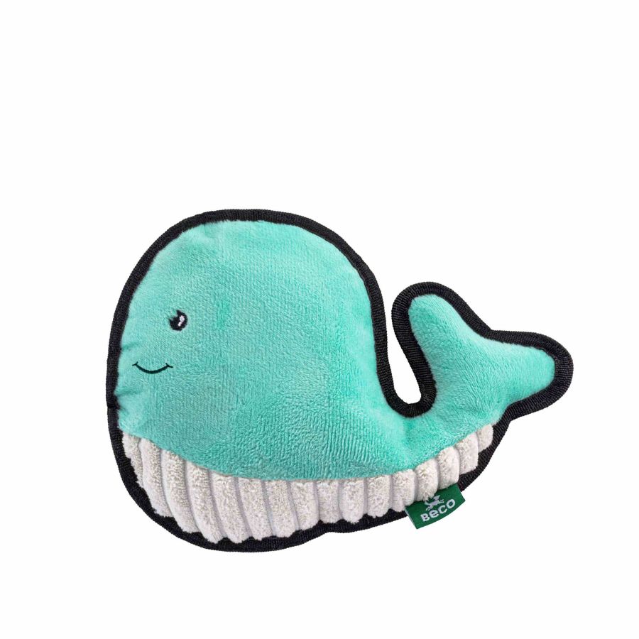 Peluche Ballena Beco 🐳, hecho con materiales reciclados. Resistente y ecológico, con squeaker y doble costura. Ideal para jugar y acurrucarse.