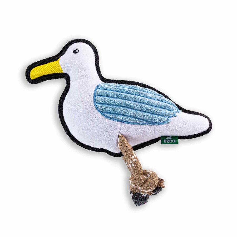 Peluche Gaviota con Cuerda 🐦, hecho con materiales reciclados. Resistente y suave, con squeaker y doble costura. Ideal para jugar y descansar.